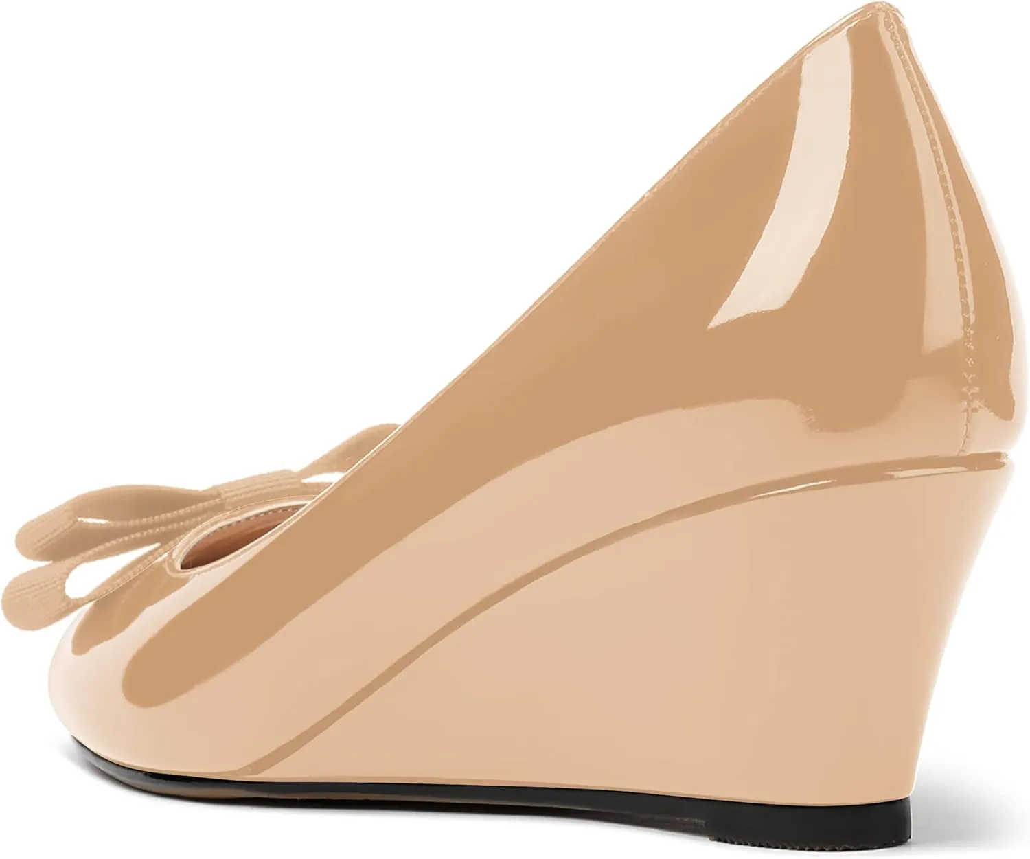 MERRORI Women's Round Toe Patent Slip On Dress Shoes Bow Wedge Low Heel Pumps Shoes 2 Inch