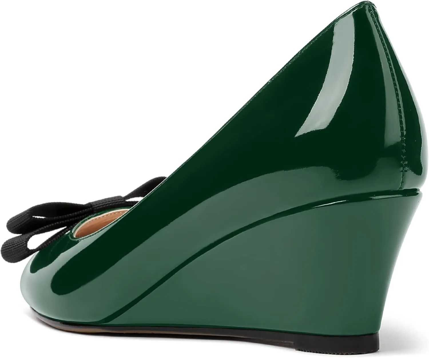 MERRORI Women's Round Toe Patent Slip On Dress Shoes Bow Wedge Low Heel Pumps Shoes 2 Inch