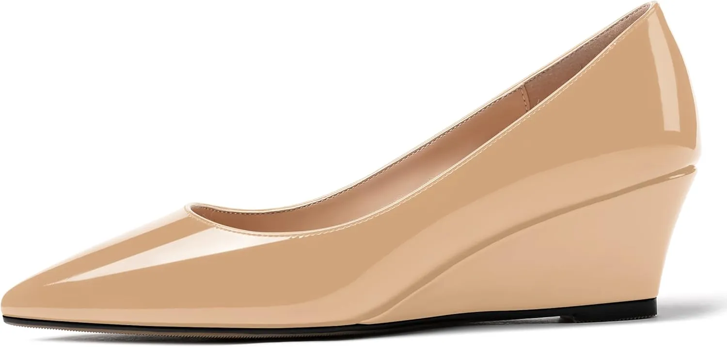 MERRORI Women's Slip On Patent Solid Square Toe Wedge Low Heel Pumps Shoes 2 Inch