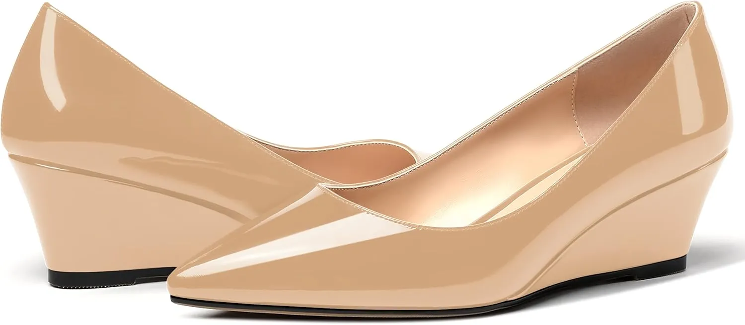 MERRORI Women's Slip On Patent Solid Square Toe Wedge Low Heel Pumps Shoes 2 Inch