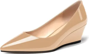 MERRORI Women's Slip On Patent Solid Square Toe Wedge Low Heel Pumps Shoes 2 Inch