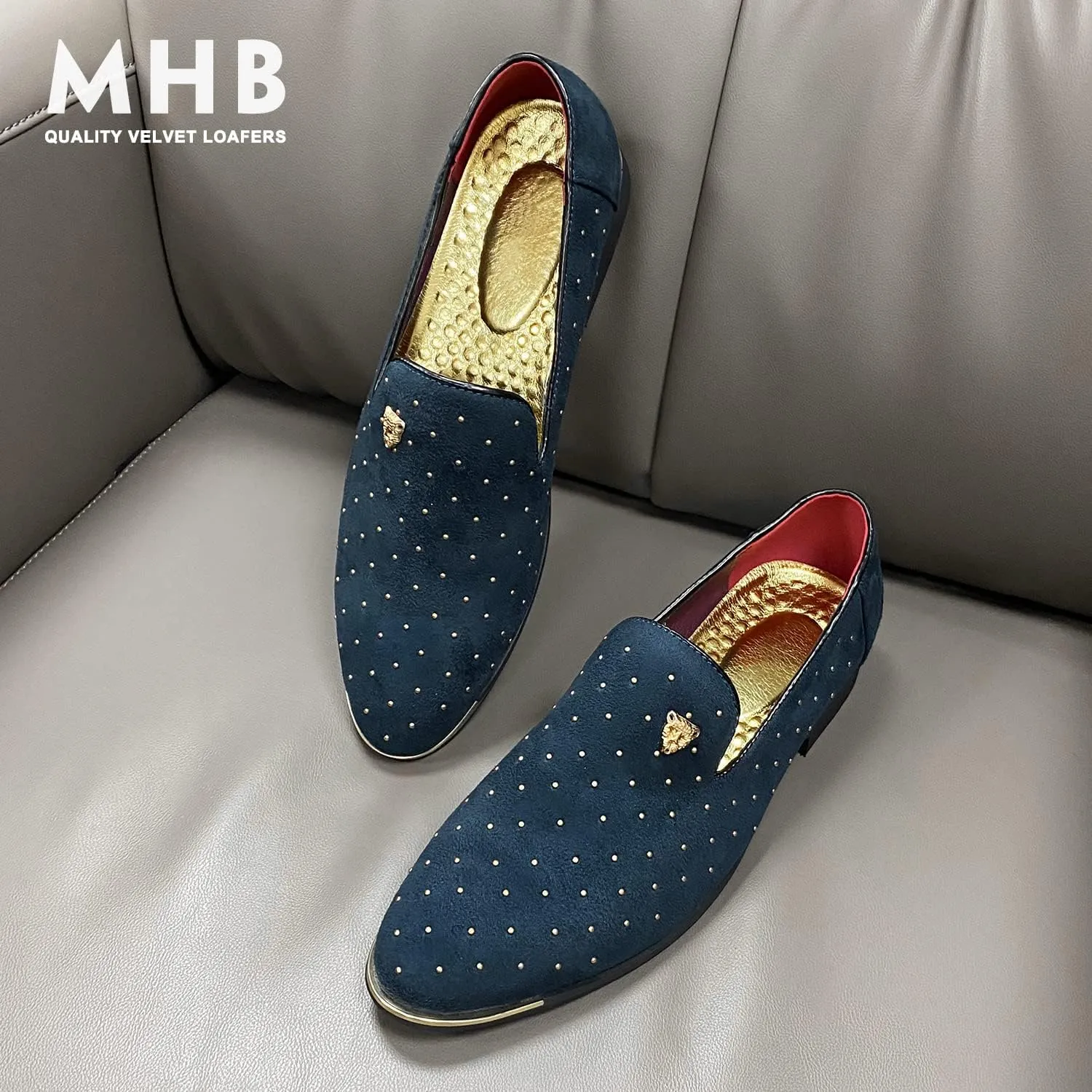 MHB Men's Luxury Velvet Loafers Pointed-Toe Slip-on Suede Dress Shoes for Men Rivet Smoking Slipper Fashion Lightweight
