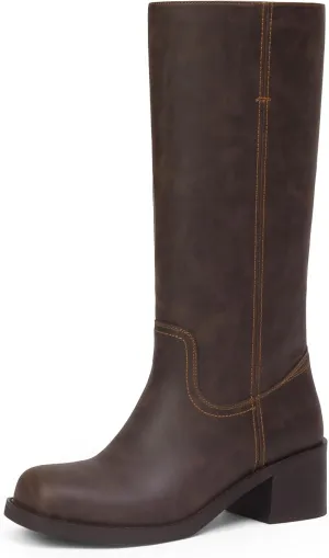 Mid Calf Boots for Women Chunky Block Heel Women’s Tall Boots Square Toe Comfortable Casual Boots Low Heel Trendy Stylish Boots