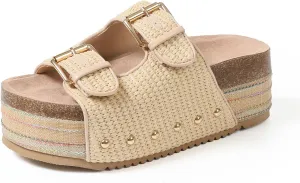mikarka Raffia Platform Sandals for Women 2025: Resort Womens Sandals Comfortable - Summer Beach Sandals Buckle Straps Espadrilles Flatform Slides Mules