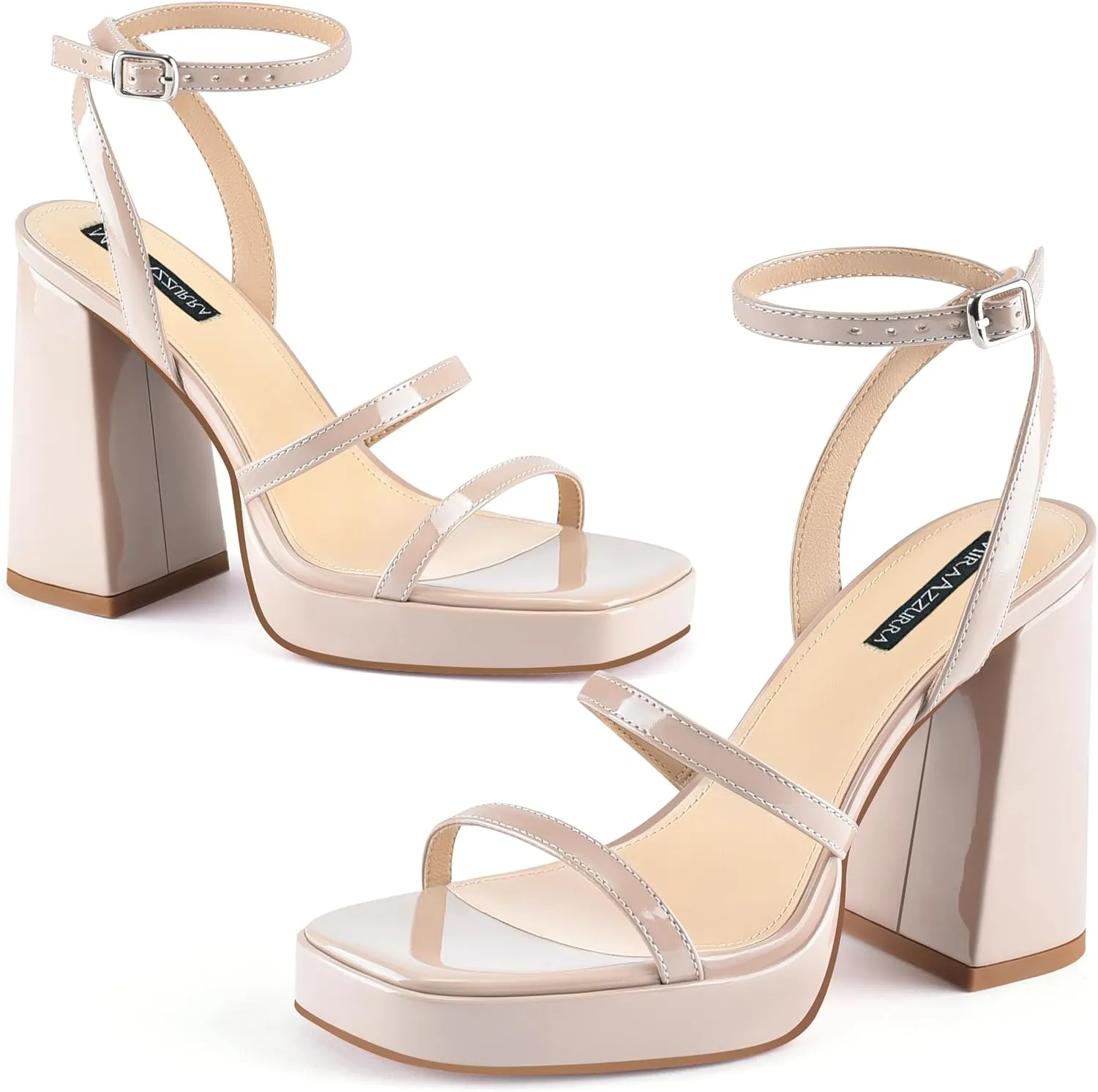 MIRAAZZURRA Platform Strappy Heel Sandals Square Open Toe Two Strap Chunky High Heeled Sandals with Buckle Ankle Strap for Women Party Wedding Dress