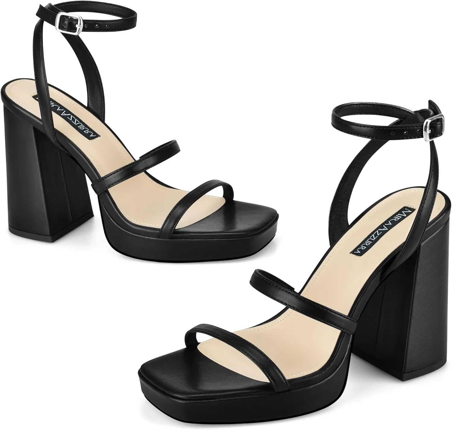 MIRAAZZURRA Platform Strappy Heel Sandals Square Open Toe Two Strap Chunky High Heeled Sandals with Buckle Ankle Strap for Women Party Wedding Dress