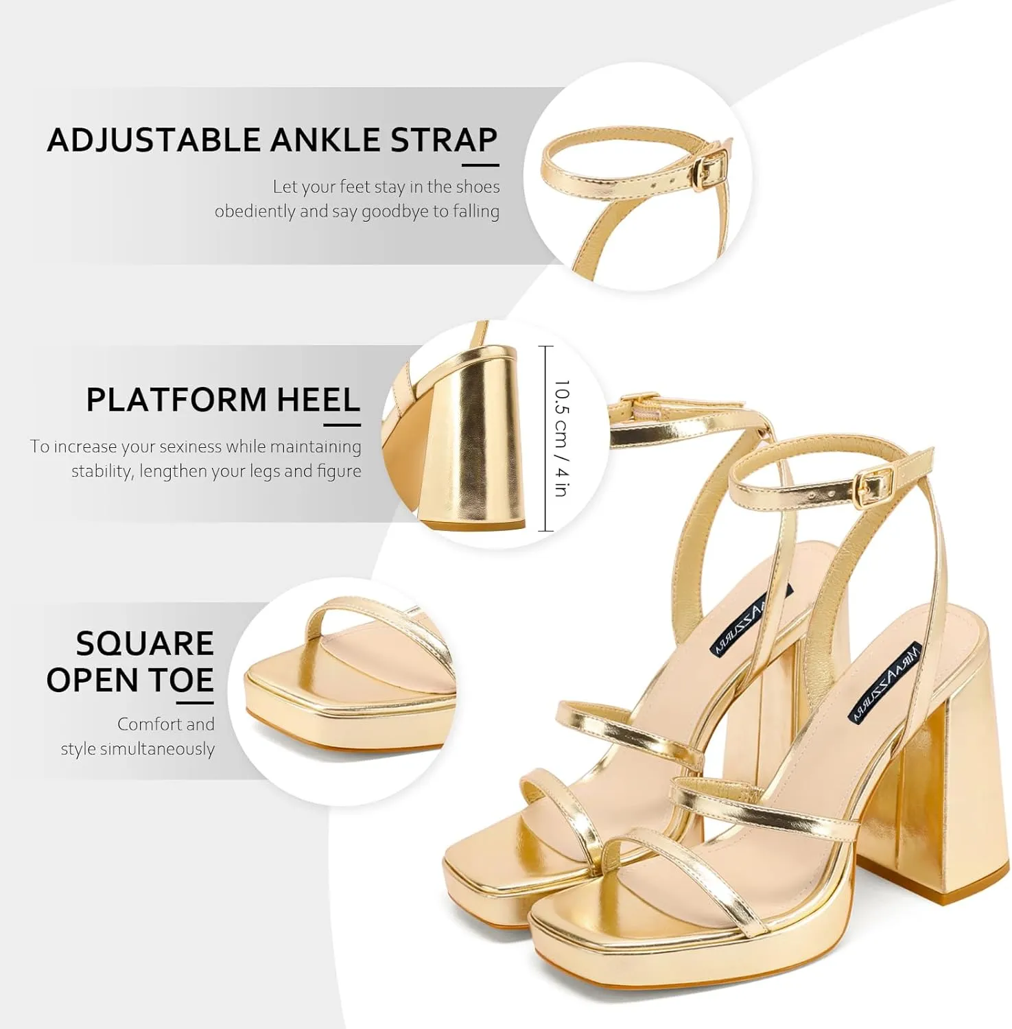 MIRAAZZURRA Platform Strappy Heel Sandals Square Open Toe Two Strap Chunky High Heeled Sandals with Buckle Ankle Strap for Women Party Wedding Dress