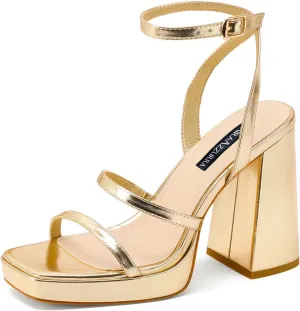 MIRAAZZURRA Platform Strappy Heel Sandals Square Open Toe Two Strap Chunky High Heeled Sandals with Buckle Ankle Strap for Women Party Wedding Dress