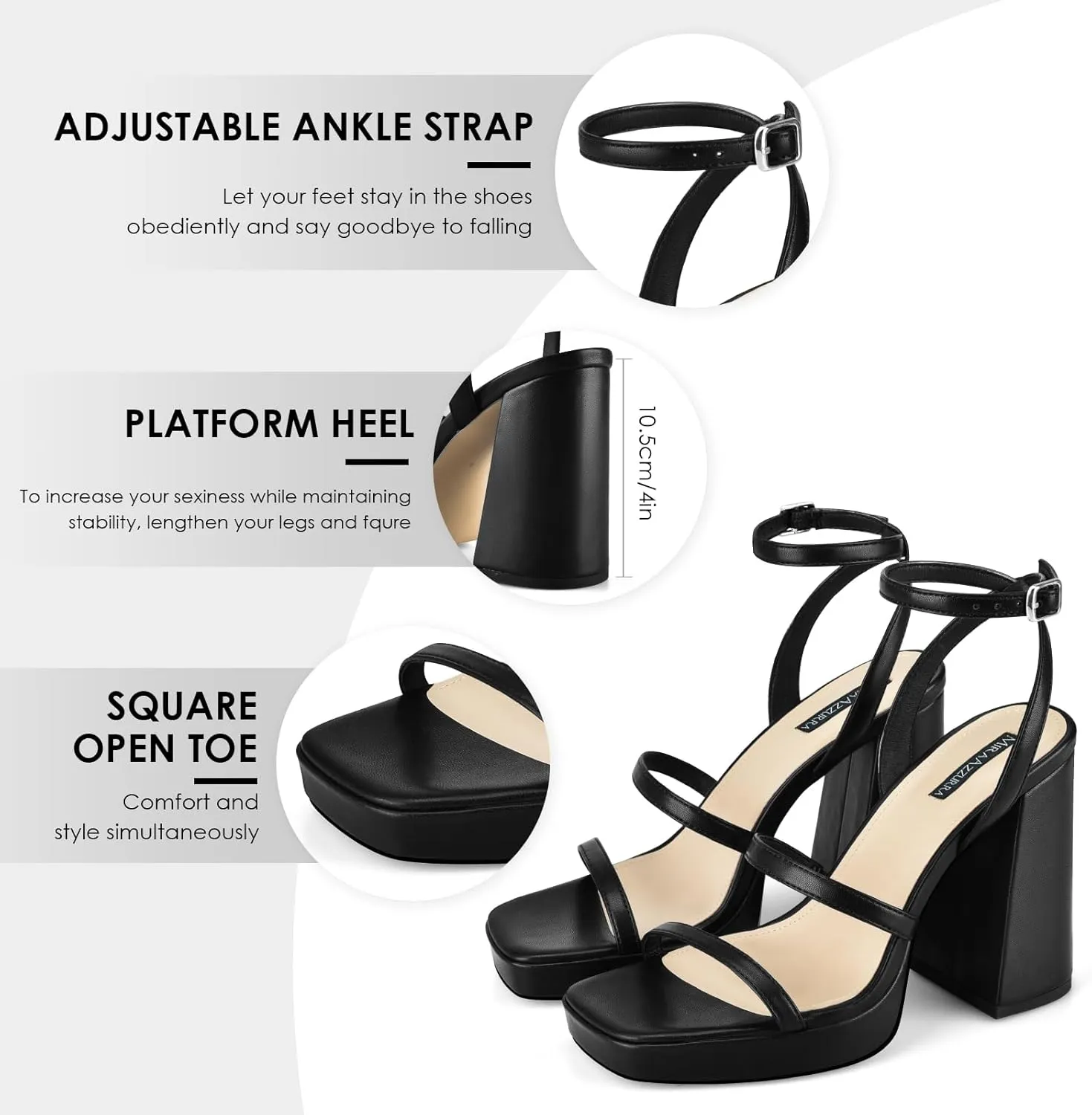 MIRAAZZURRA Platform Strappy Heel Sandals Square Open Toe Two Strap Chunky High Heeled Sandals with Buckle Ankle Strap for Women Party Wedding Dress