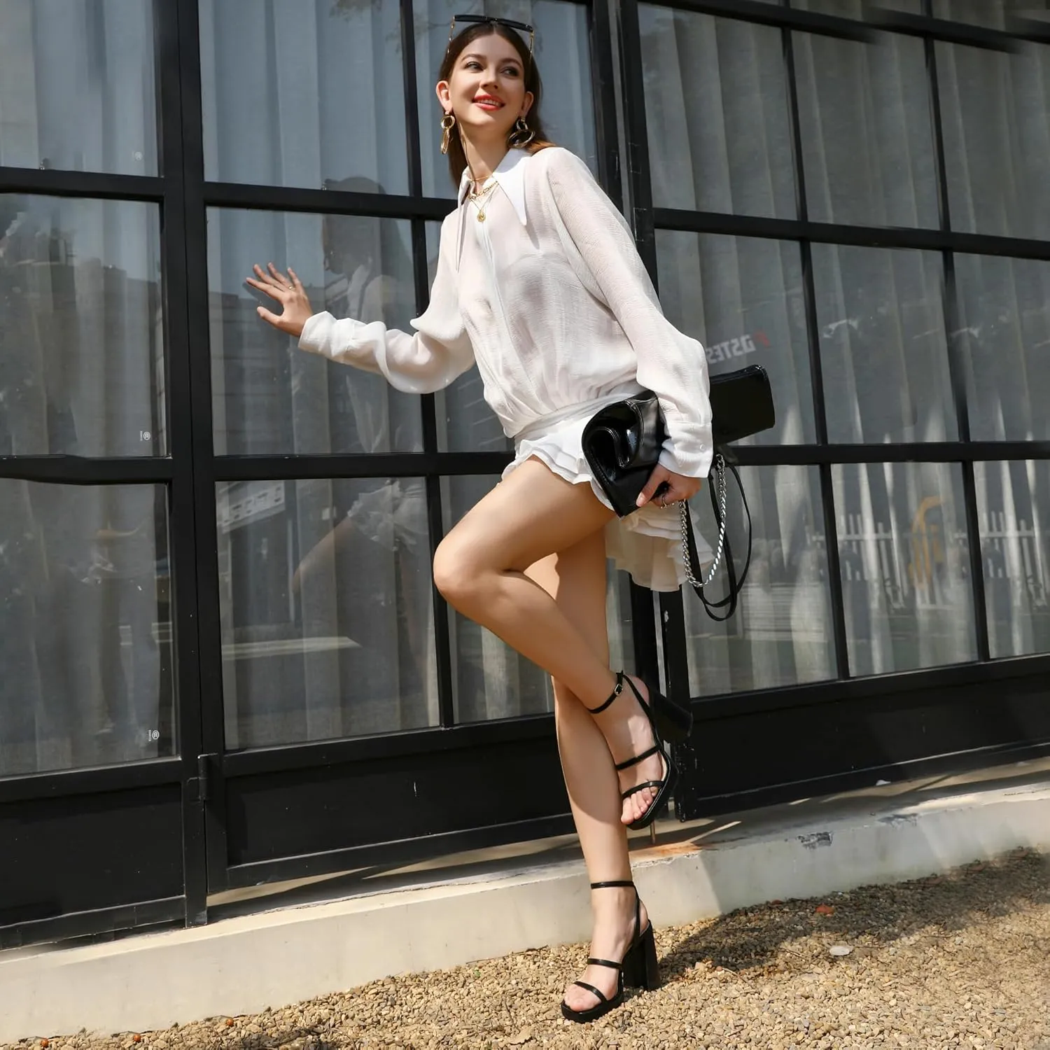 MIRAAZZURRA Platform Strappy Heel Sandals Square Open Toe Two Strap Chunky High Heeled Sandals with Buckle Ankle Strap for Women Party Wedding Dress