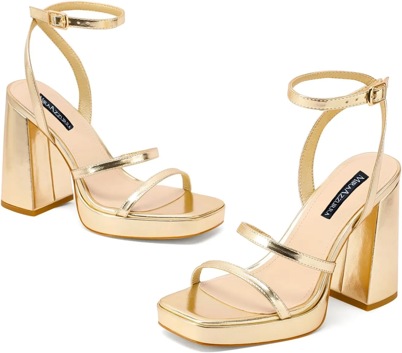 MIRAAZZURRA Platform Strappy Heel Sandals Square Open Toe Two Strap Chunky High Heeled Sandals with Buckle Ankle Strap for Women Party Wedding Dress