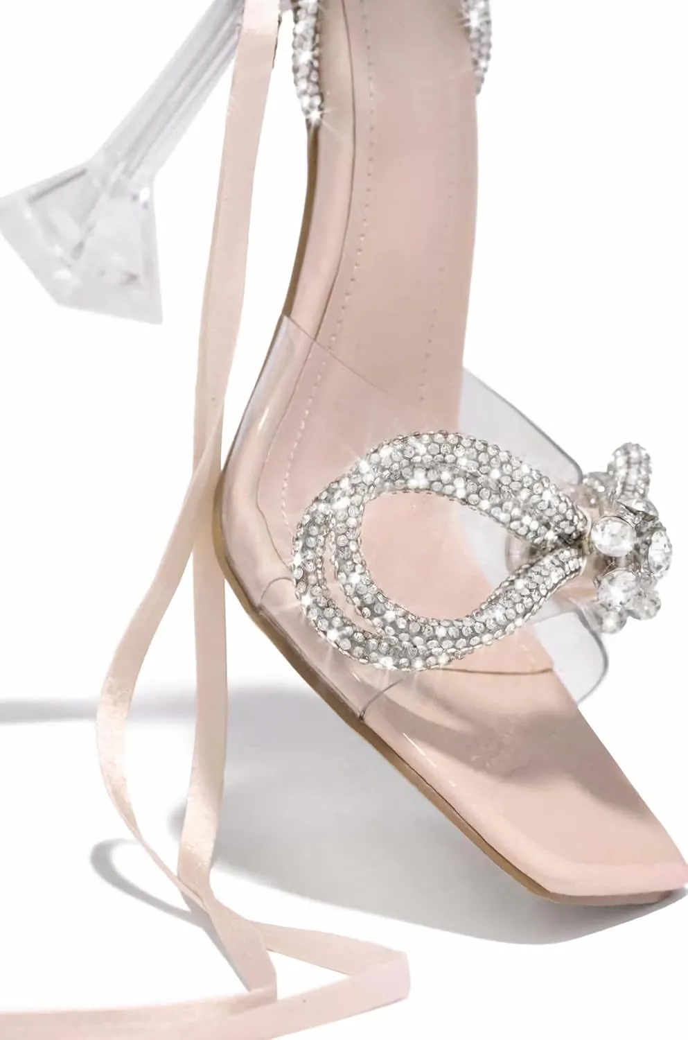 MissHeel Clear Chunky Heel Open Toe Bow Heel Rhinestone Lace Up