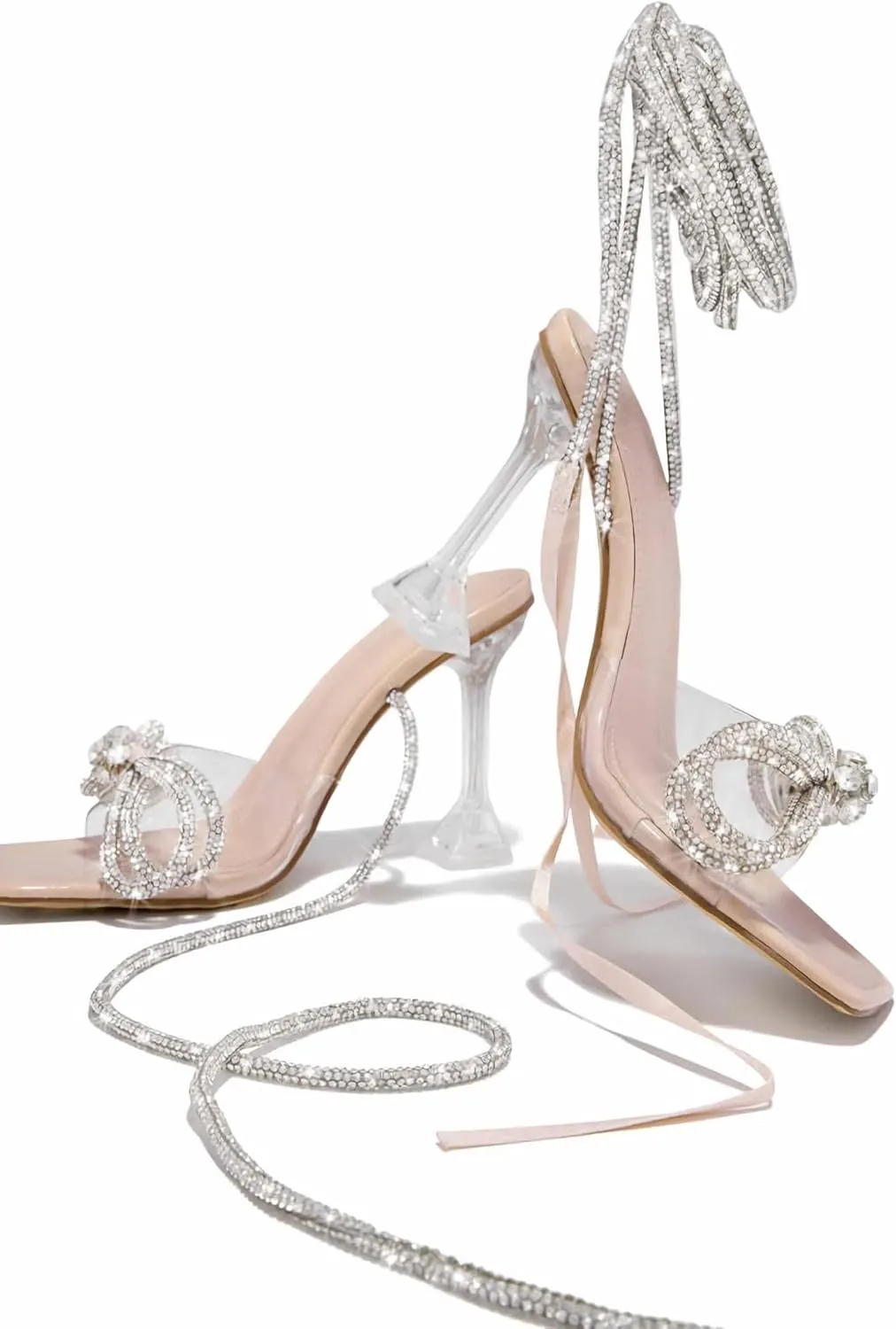 MissHeel Clear Chunky Heel Open Toe Bow Heel Rhinestone Lace Up
