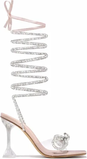MissHeel Clear Chunky Heel Open Toe Bow Heel Rhinestone Lace Up