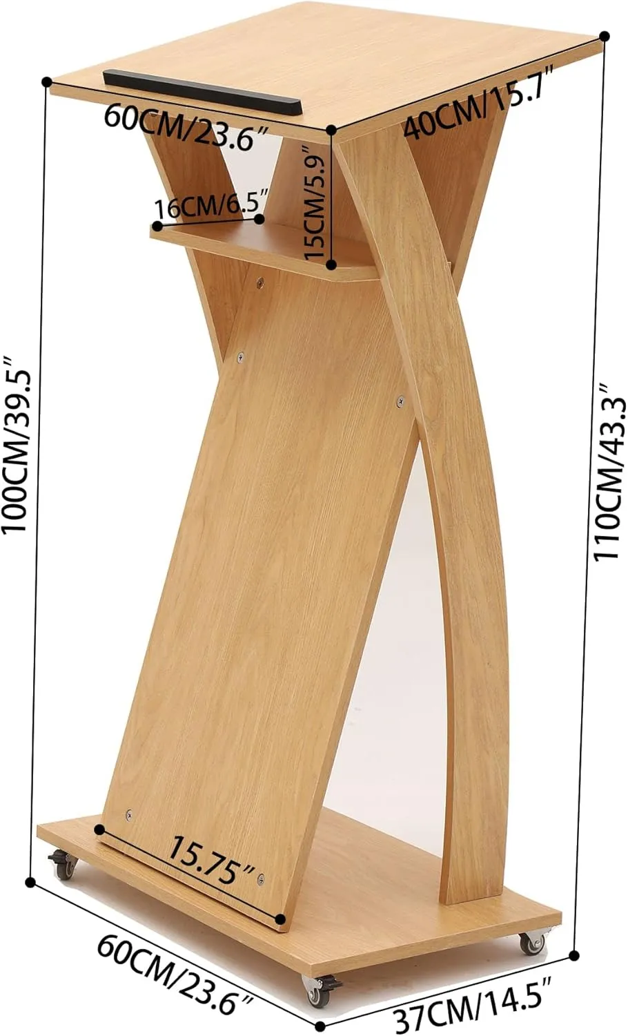 Mobile Wooden Podium Stand with Wheels Lectern Oak Color 16MM Wood Board Elegant Design Wooden Pulpit for Churches Seminars and Schools