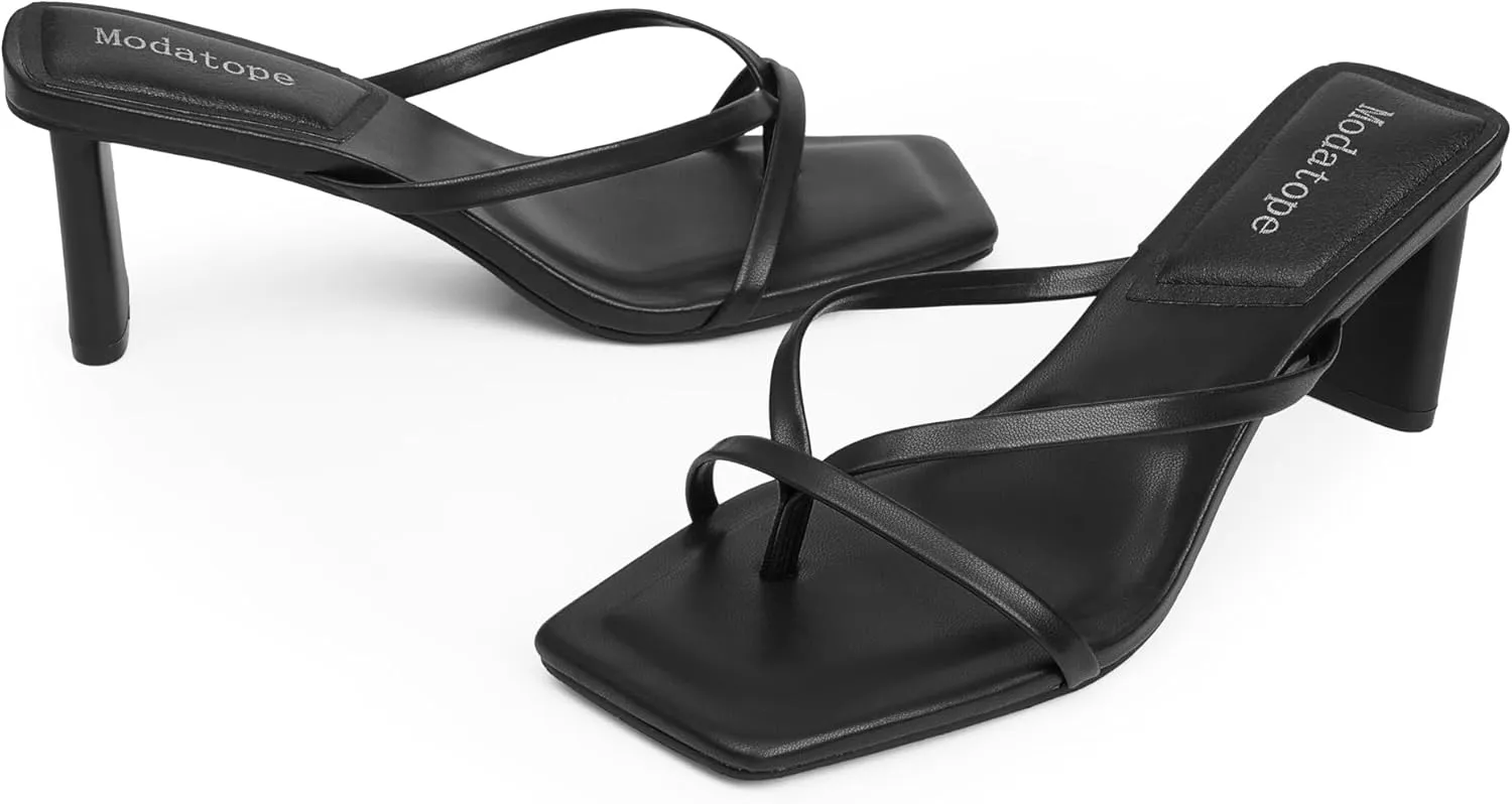Modatope Flip Flop Heels Thong Sandals Heeled Mules for Women Square Toe Low Heels Chunky Block Heeled Slides