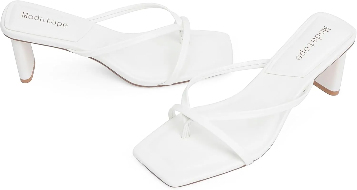 Modatope Flip Flop Heels Thong Sandals Heeled Mules for Women Square Toe Low Heels Chunky Block Heeled Slides