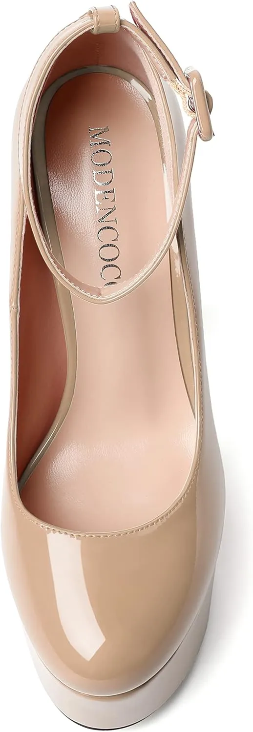 MODENCOCO Womens Bridal Round Toe Ankle Strap Evening Platform Buckle Sexy Patent Block High Heel Pumps Dress Shoes 6 Inch
