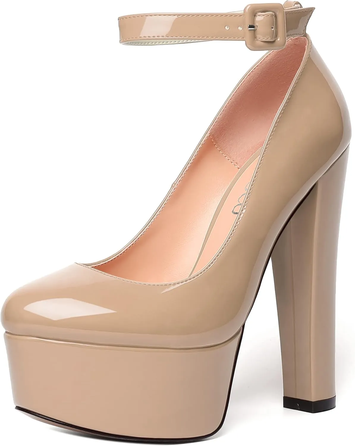 MODENCOCO Womens Bridal Round Toe Ankle Strap Evening Platform Buckle Sexy Patent Block High Heel Pumps Dress Shoes 6 Inch