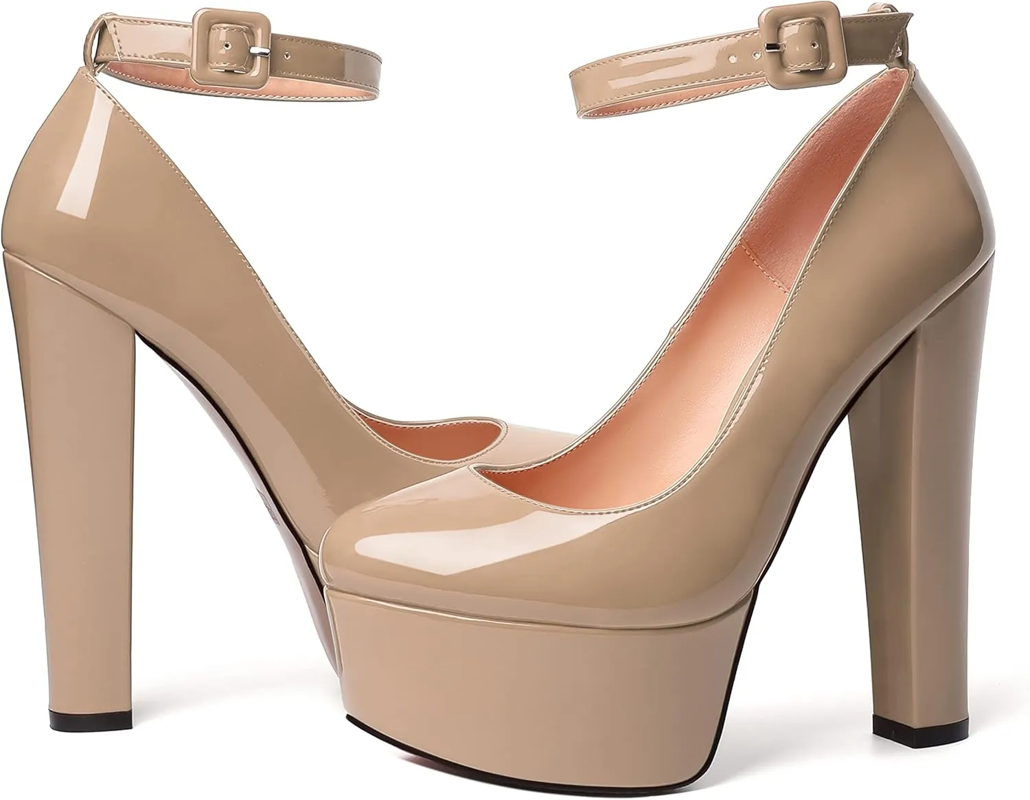 MODENCOCO Womens Bridal Round Toe Ankle Strap Evening Platform Buckle Sexy Patent Block High Heel Pumps Dress Shoes 6 Inch