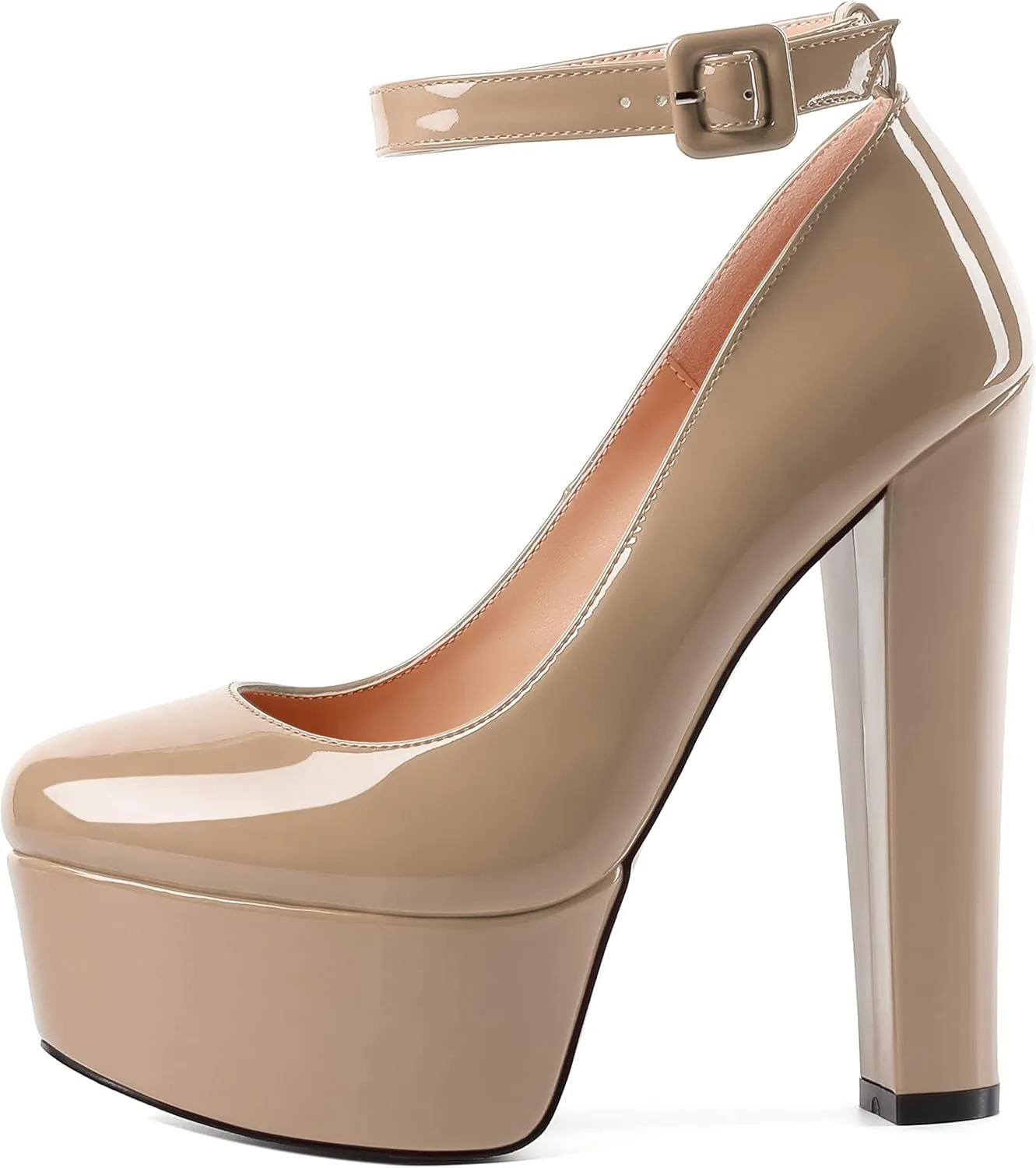 MODENCOCO Womens Bridal Round Toe Ankle Strap Evening Platform Buckle Sexy Patent Block High Heel Pumps Dress Shoes 6 Inch