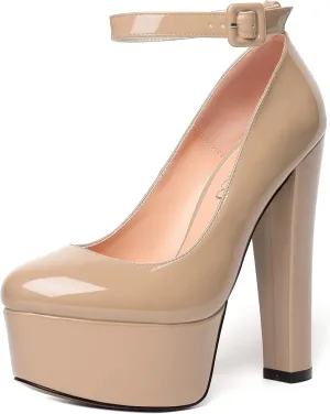 MODENCOCO Womens Bridal Round Toe Ankle Strap Evening Platform Buckle Sexy Patent Block High Heel Pumps Dress Shoes 6 Inch
