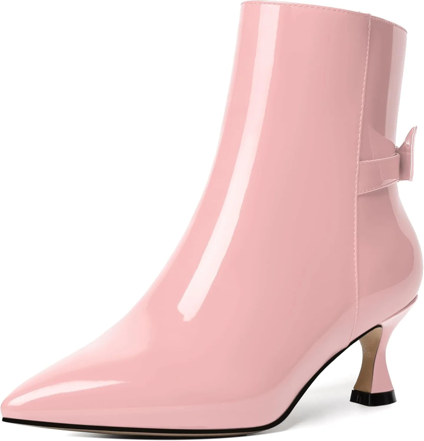 MODENCOCO Womens Patent Wedding Dress Stylish Bow Zip Pointed Toe Kitten High Heel Ankle High Boots 2 Inch