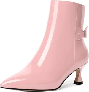 MODENCOCO Womens Patent Wedding Dress Stylish Bow Zip Pointed Toe Kitten High Heel Ankle High Boots 2 Inch