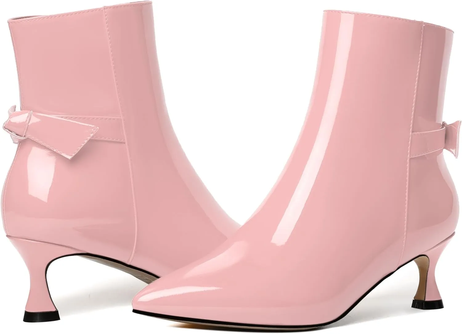 MODENCOCO Womens Patent Wedding Dress Stylish Bow Zip Pointed Toe Kitten High Heel Ankle High Boots 2 Inch