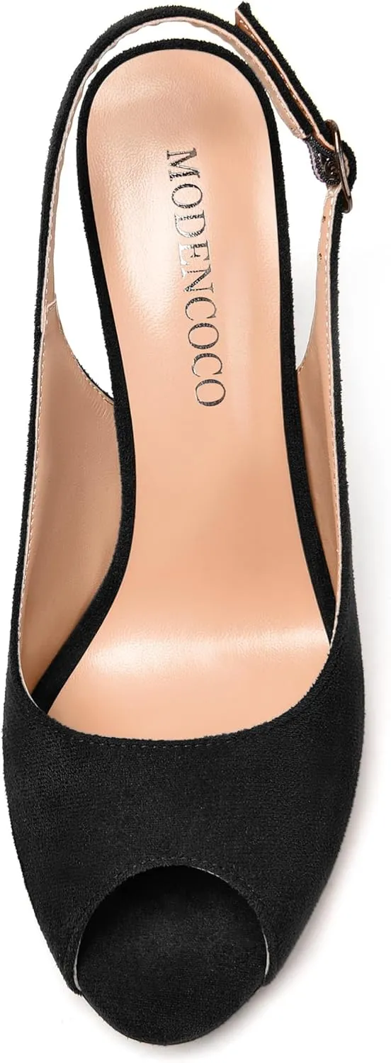 MODENCOCO Womens Peep Toe Buckle Sexy Stylish Slingback Night Club Suede Stiletto High Heel Pumps Shoes 3.3 Inch