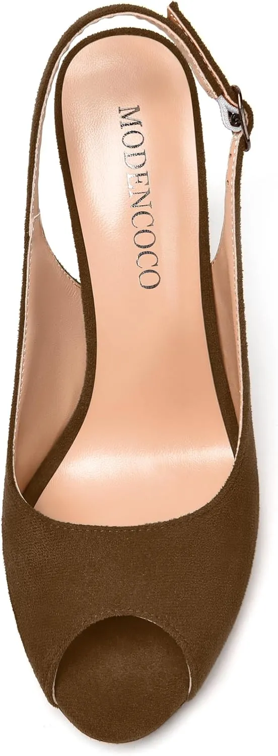 MODENCOCO Womens Peep Toe Buckle Sexy Stylish Slingback Night Club Suede Stiletto High Heel Pumps Shoes 3.3 Inch