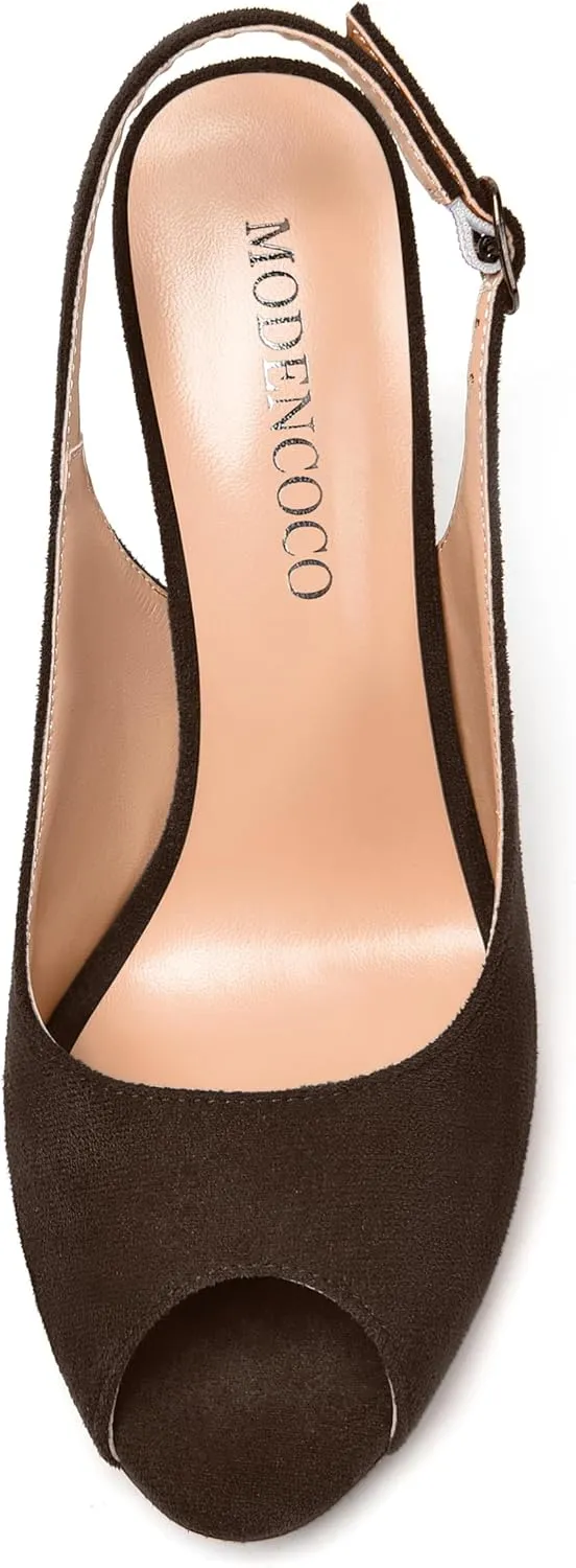 MODENCOCO Womens Peep Toe Buckle Sexy Stylish Slingback Night Club Suede Stiletto High Heel Pumps Shoes 3.3 Inch