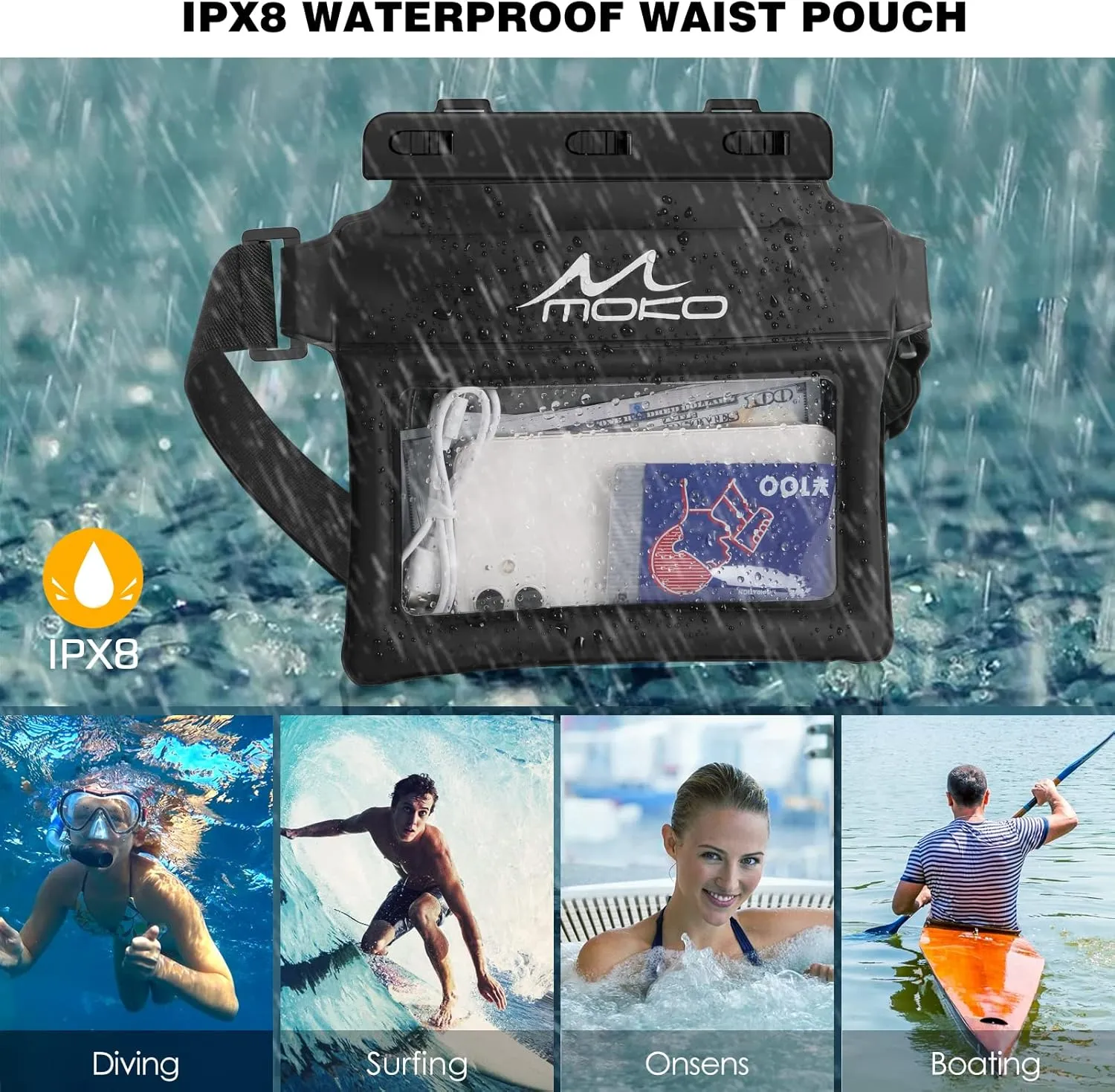 MoKo Waterproof Phone Pouch Fanny Pack, Floating Dry Bag for Swimming Kayaking Snorkeling, Compatible with iPhone 14 13 12 11 Pro Max X/Xr/Xs Max, Galaxy S21 Ultra/S9/Note 10 Plus, Black