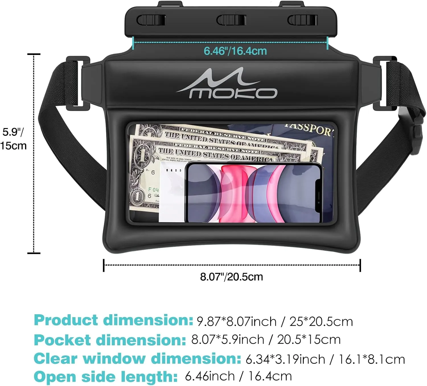 MoKo Waterproof Phone Pouch Fanny Pack, Floating Dry Bag for Swimming Kayaking Snorkeling, Compatible with iPhone 14 13 12 11 Pro Max X/Xr/Xs Max, Galaxy S21 Ultra/S9/Note 10 Plus, Black
