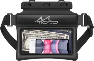 MoKo Waterproof Phone Pouch Fanny Pack, Floating Dry Bag for Swimming Kayaking Snorkeling, Compatible with iPhone 14 13 12 11 Pro Max X/Xr/Xs Max, Galaxy S21 Ultra/S9/Note 10 Plus, Black