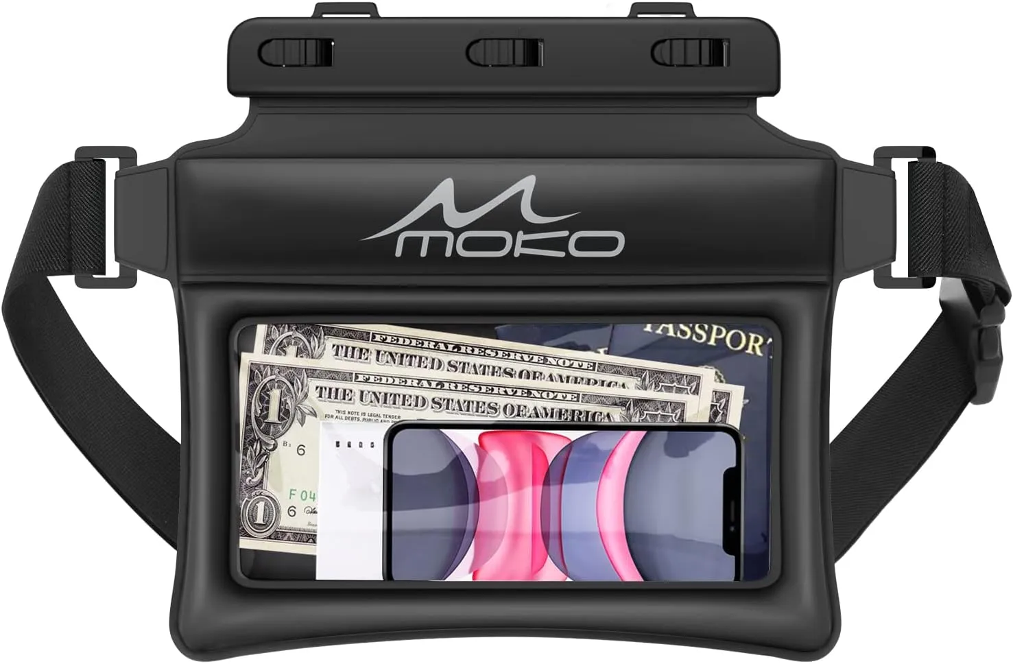 MoKo Waterproof Phone Pouch Fanny Pack, Floating Dry Bag for Swimming Kayaking Snorkeling, Compatible with iPhone 14 13 12 11 Pro Max X/Xr/Xs Max, Galaxy S21 Ultra/S9/Note 10 Plus, Black