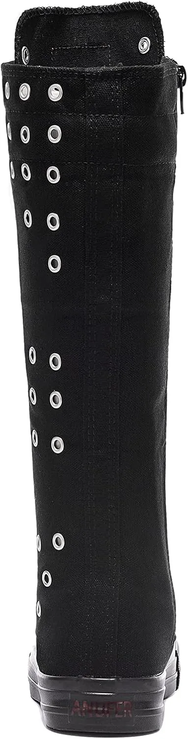 Momuk Knee High Canvas Stylish Boots Causal Sneakers School Shoes for Girls Women Size 7 B(M) US Black