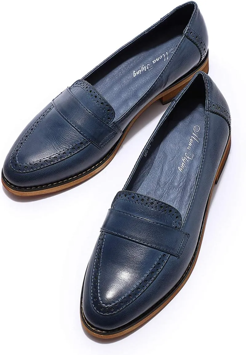 Mona flying Women's Classy Leather Penny Loafer Dress Casual Slip on Flat Office Work Shoes for Ladies