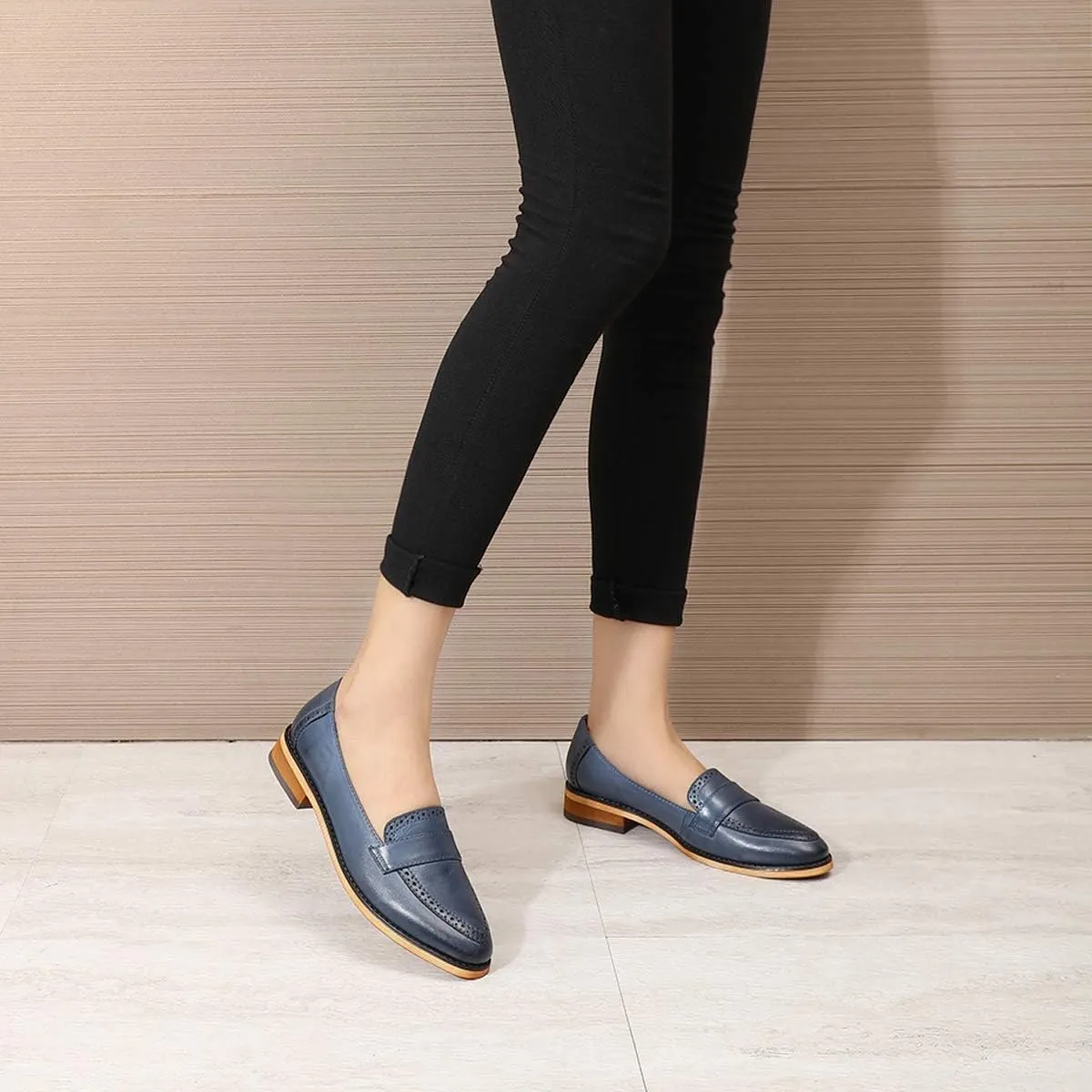 Mona flying Women's Classy Leather Penny Loafer Dress Casual Slip on Flat Office Work Shoes for Ladies