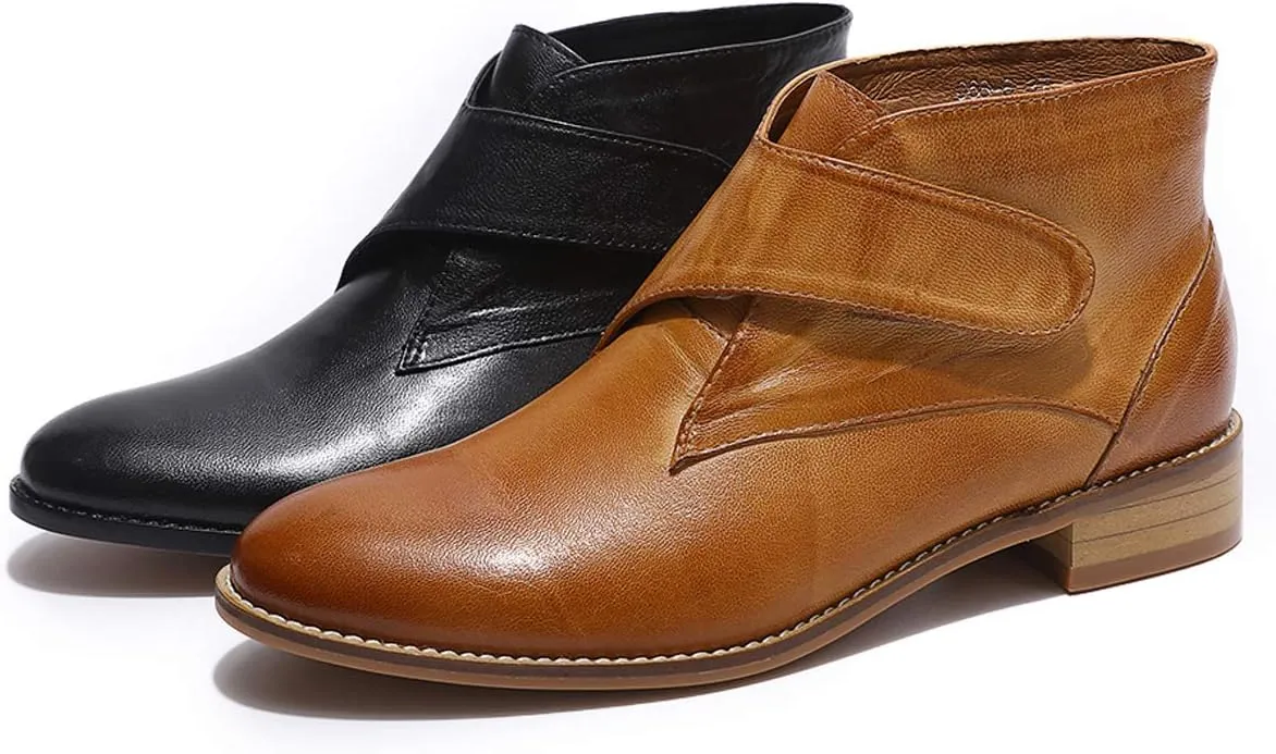 Mona flying Women's Comfortable Leather Ankle Booties Stylish Low Heel Dress Short Boots