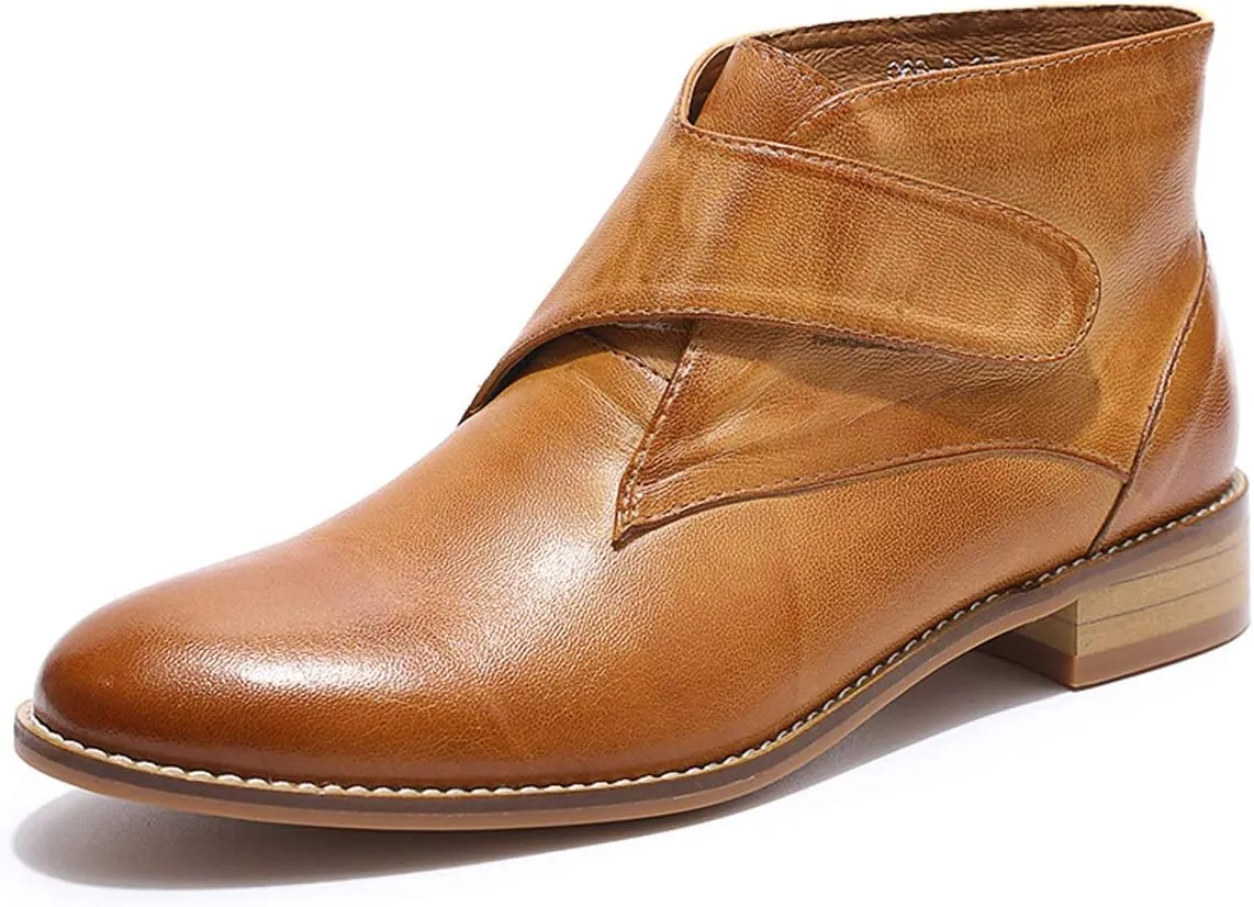 Mona flying Women's Comfortable Leather Ankle Booties Stylish Low Heel Dress Short Boots