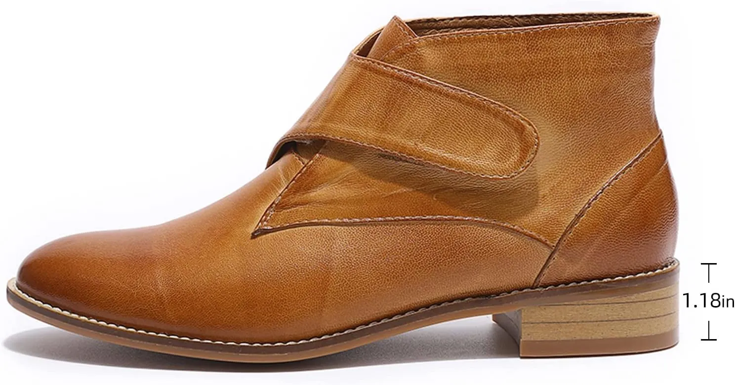 Mona flying Women's Comfortable Leather Ankle Booties Stylish Low Heel Dress Short Boots