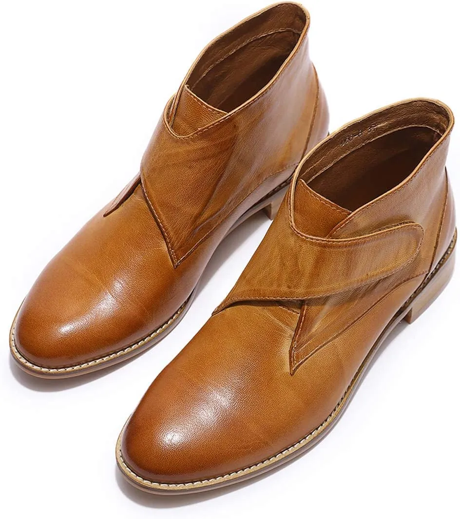 Mona flying Women's Comfortable Leather Ankle Booties Stylish Low Heel Dress Short Boots
