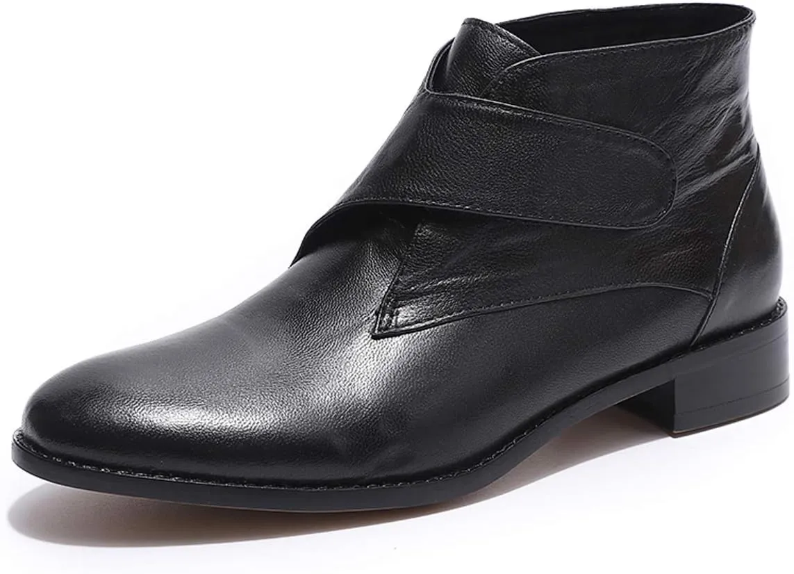 Mona flying Women's Comfortable Leather Ankle Booties Stylish Low Heel Dress Short Boots