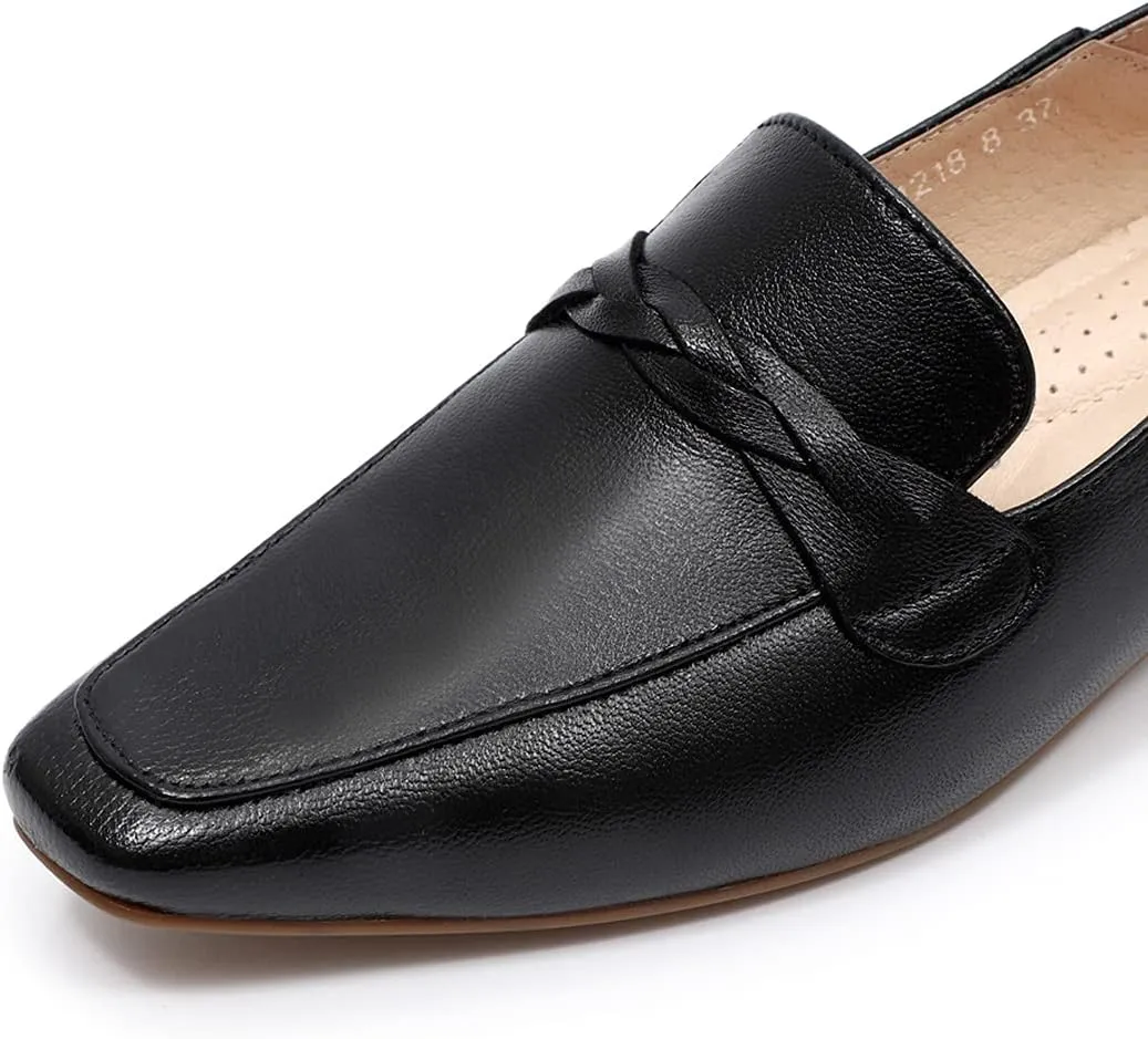 Mona flying Women's Leather Square Toe Penny Loafer Comfort Dress Casual Slip on Flat Office Work Shoes for Ladies