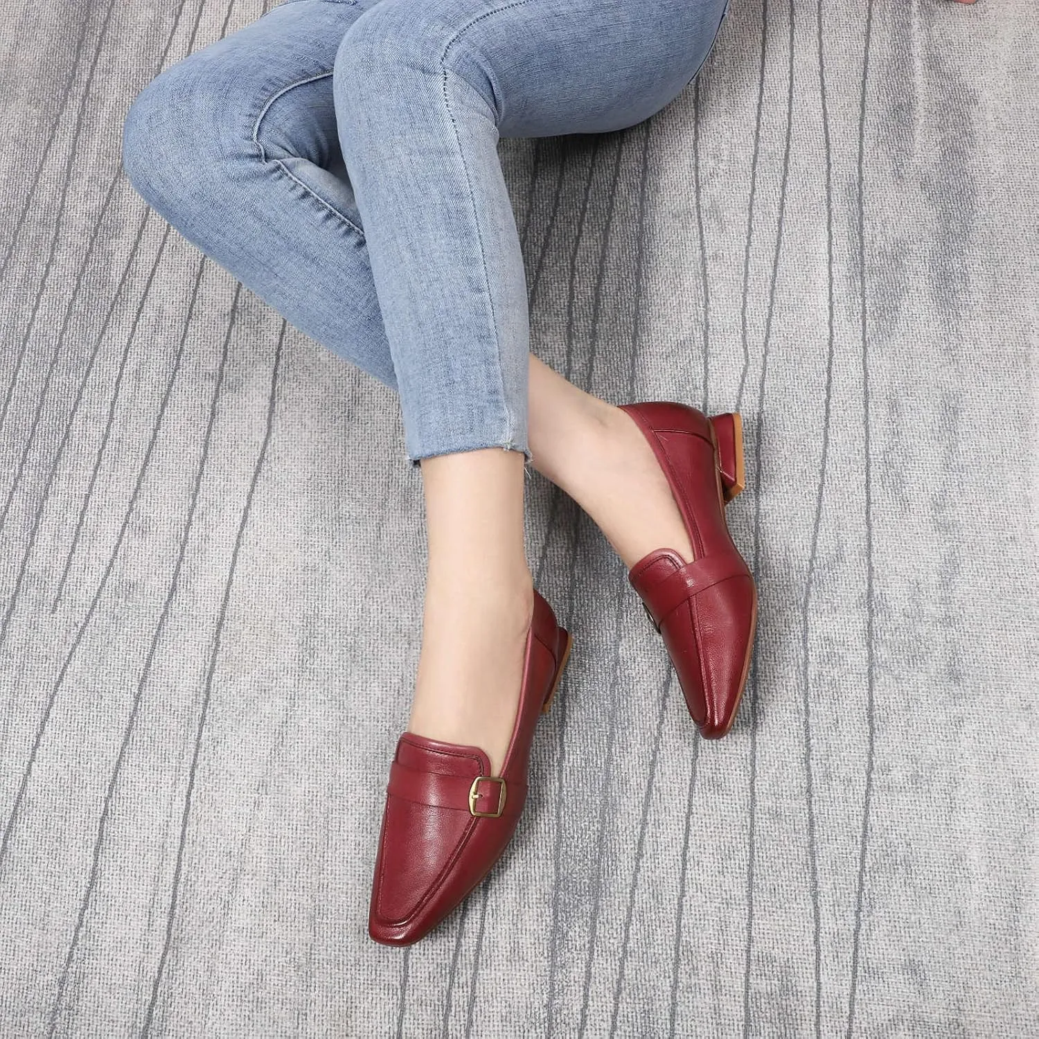Mona flying Women's Leather Square Toe Penny Loafer Comfort Dress Casual Slip on Flat Office Work Shoes for Ladies