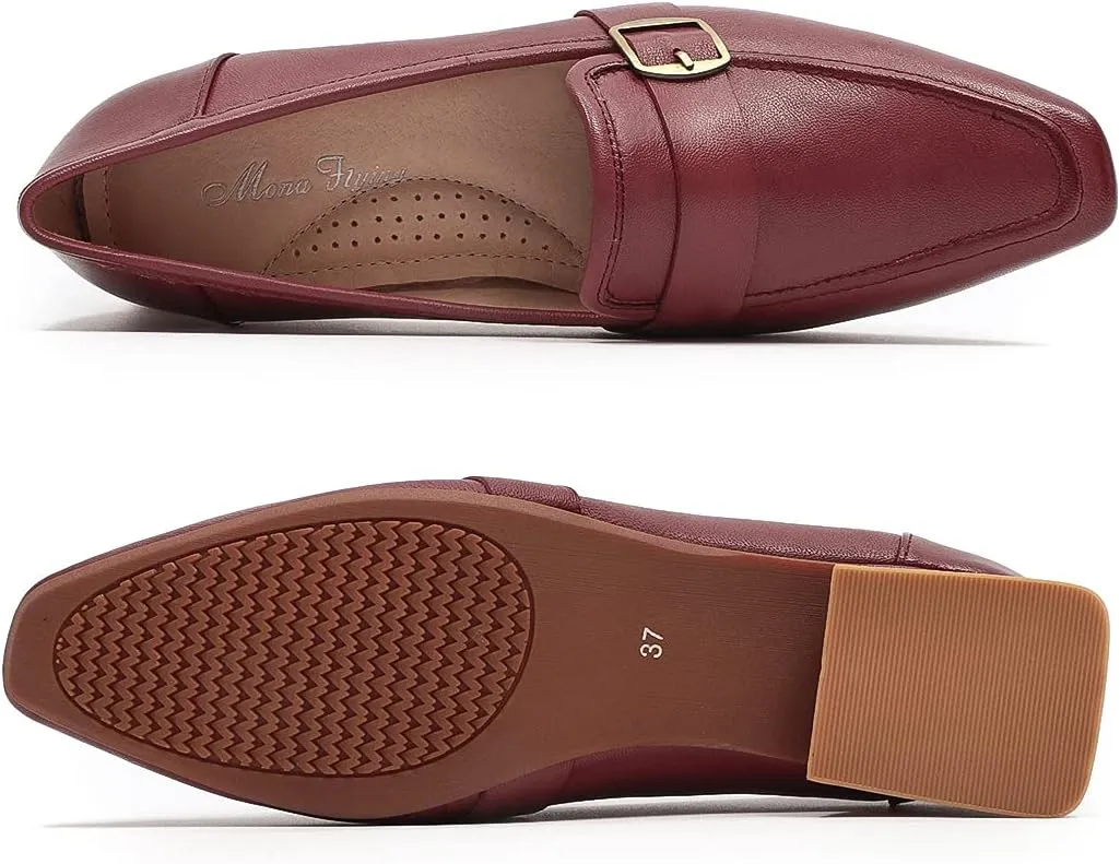 Mona flying Women's Leather Square Toe Penny Loafer Comfort Dress Casual Slip on Flat Office Work Shoes for Ladies
