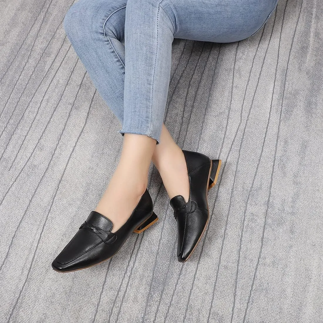 Mona flying Women's Leather Square Toe Penny Loafer Comfort Dress Casual Slip on Flat Office Work Shoes for Ladies