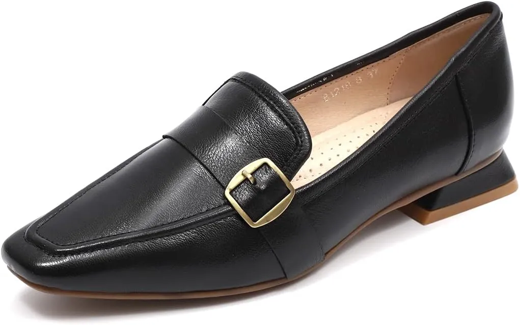 Mona flying Women's Leather Square Toe Penny Loafer Comfort Dress Casual Slip on Flat Office Work Shoes for Ladies