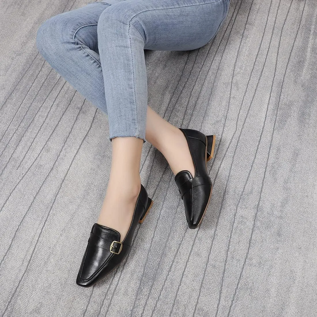 Mona flying Women's Leather Square Toe Penny Loafer Comfort Dress Casual Slip on Flat Office Work Shoes for Ladies